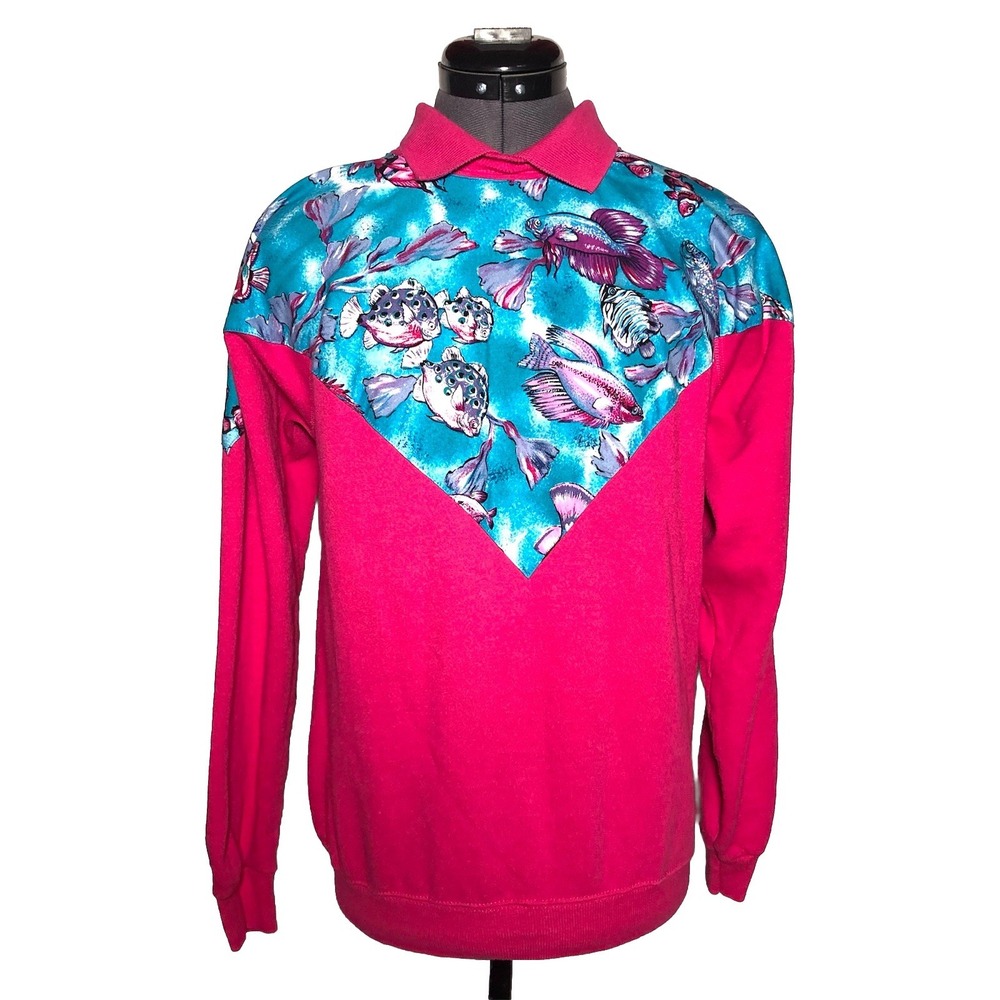 Vintage 90s Granny Collared Sweatshirt ELTEE Hanes Fish Print Pullover L B40"